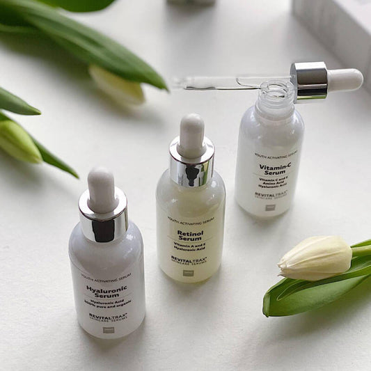 RevitalTrax serums: Hyaluronic Serum, Vitamin-C Serum and Retinol Serum.
